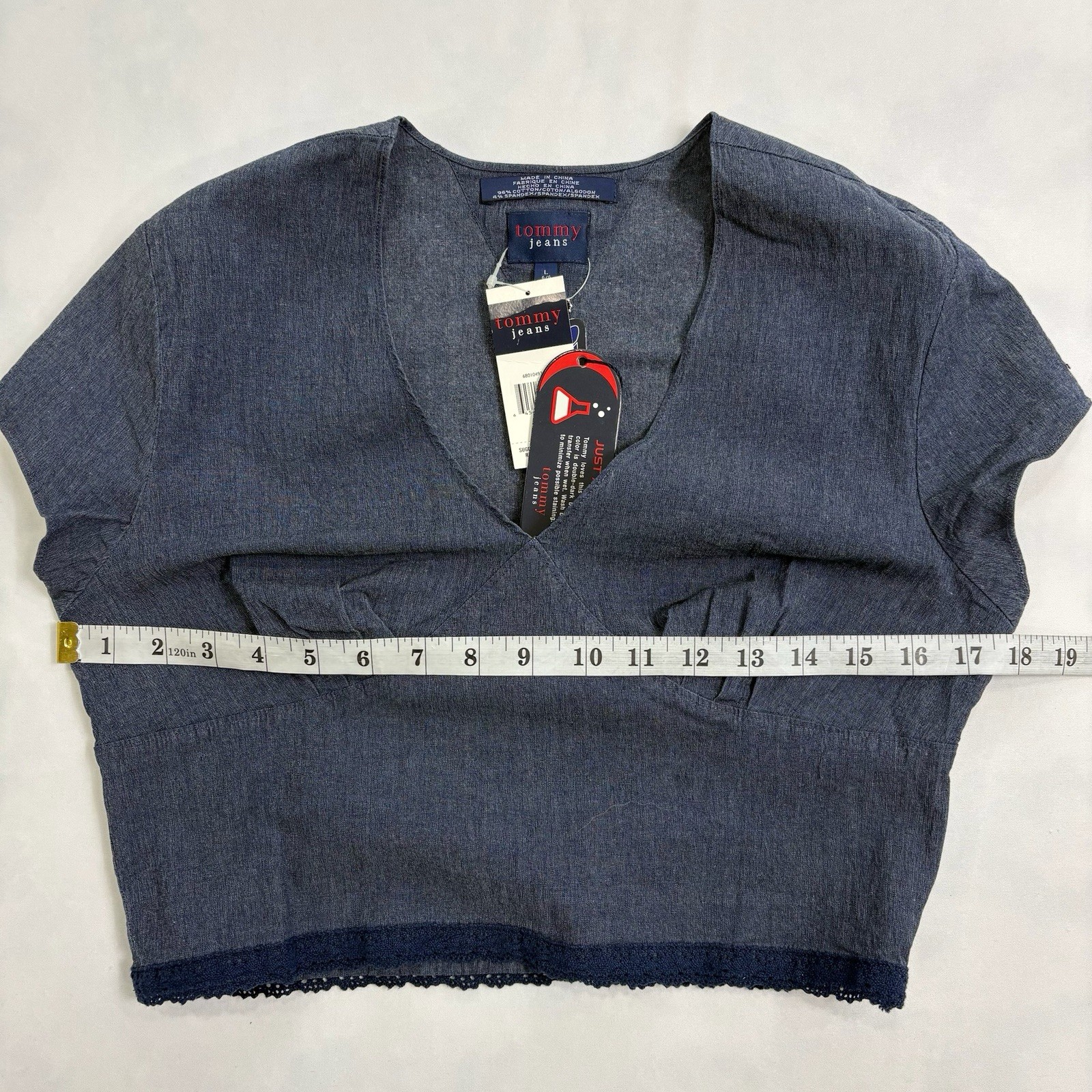 Tommy Jeans Denim Crop Top Womens Size M Blue Lace Trim V Neck Stretch Shirt NWT thumbnail 7