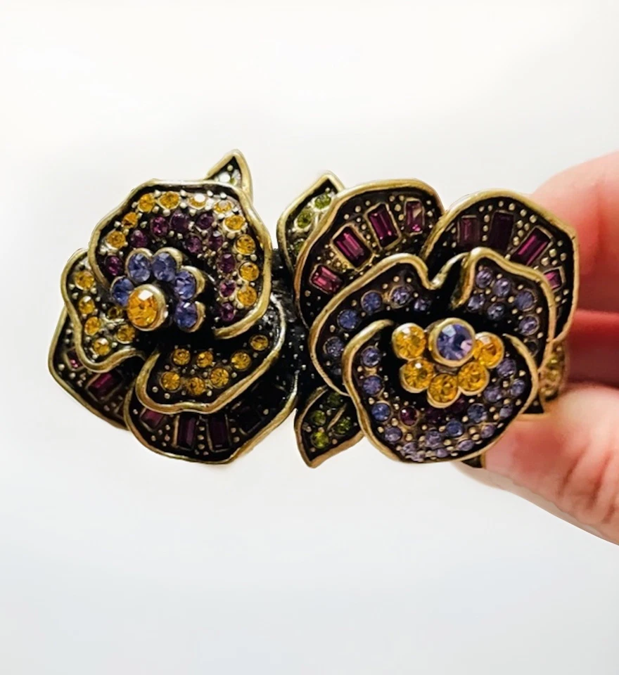 Heidi Daus "Pleasing Pansy" Hinged Cuff Floral Swarovski Crystal Bracelet Sz M L - Image 2 of 4