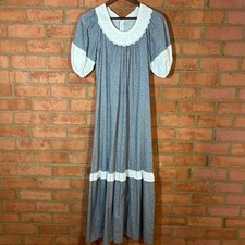Vintage 70s Prairie Maxi Dress Eyelet Lace Bib Puff Sleeve Calico Floral Print