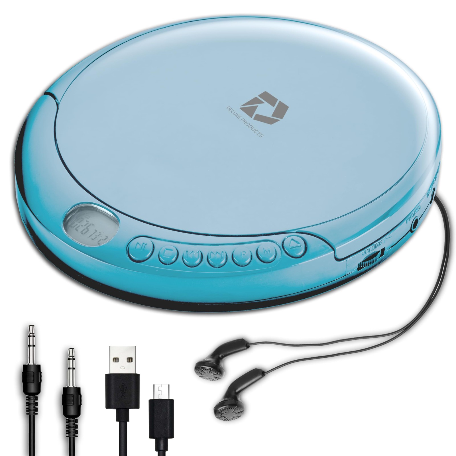 Portable CD Player, Anti-Skip, Stereo Earbuds, Aux & USB Cab