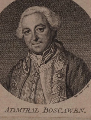 `PORTRAIT VON ADMIRAL BOSCAWEN´ S. F. RAVENET NACH J. REYNOLDS, RADIERUNG, 1760 - Bild 1 von 4
