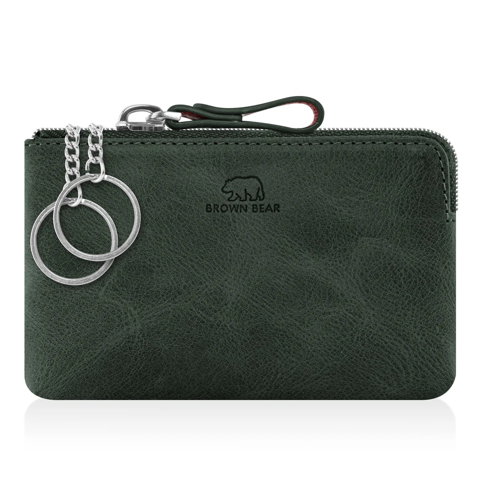 Brown Bear Schlüsseletui 2 Ketten Echtleder Münzfach Olive Vintage