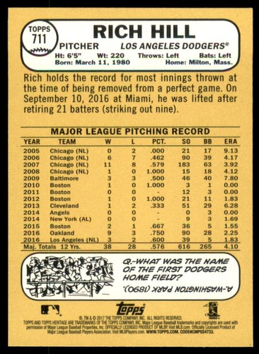Topps Heritage #711 Rich Hill 2017 número alto SP - Imagen 2 de 2