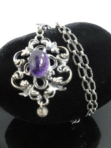 VICTORIAN FAB 835 SILVER LARGE PENDANT AMETHYST CABOCHON LONG FANCY LINK CHAIN - Picture 9 of 9