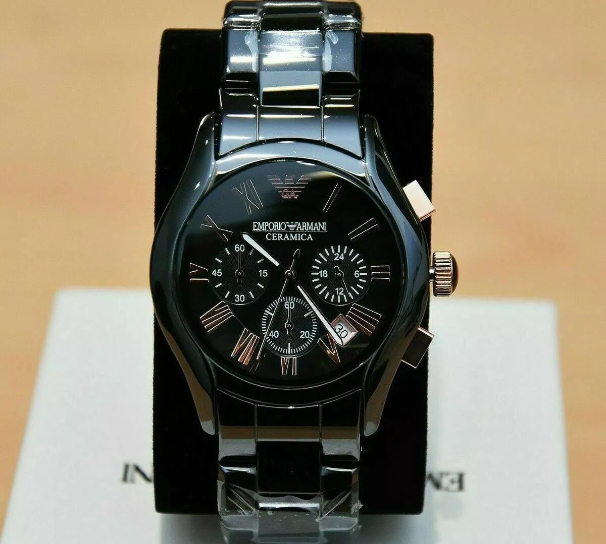 NEW EMPORIO ARMANI MENS WATCH CERAMIC AR1410 GENUINE BLACK ROSE