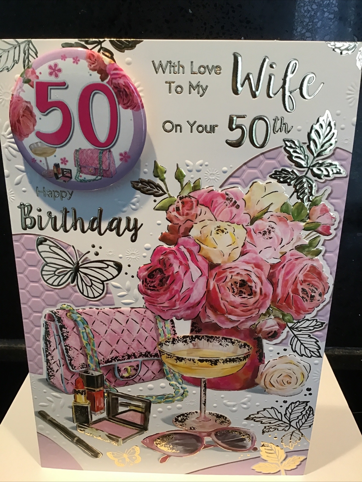 50TH WIFE BIRTHDAY CARD WITH BADGE NICE VERSE (9""X 6"")  AGE 50 FIFTY