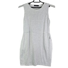Womens White & Gray Striped Shirt Dress Sleeveless Round Neck Pockets Size L