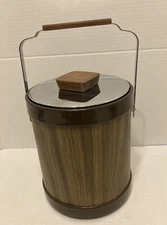 Ice Bucket - Wood Grain Pattern - Chrome Cover - ATAPCO - Made In USA - Vintage
