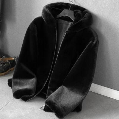 Hooded Mens Faux Fur Mink Velvet Short Coat Overcoat Lapel Collar Outwears Parka