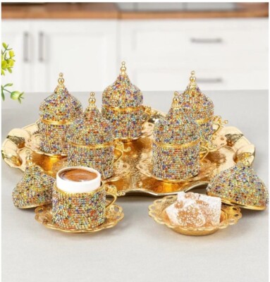 27 Pc Turkish Greek Arabic Coffee Espresso Cup Saucer Crystal Colored Set