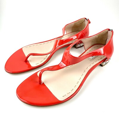 Miu Miu ハイヒールサンダル Miu Miu orange patent leather sandals with rhinestone embellished