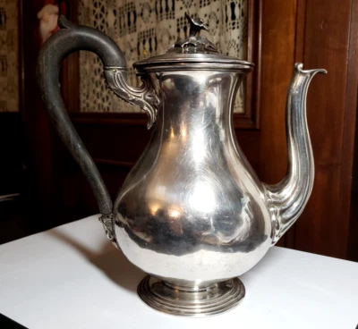 THEIERE cafetière XIXème CHRISTOFLE métal argenté BOIS feuillage bouton FLEUR - Photo 1/4