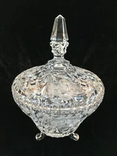 3 Footed Crystal Glass Covered Candy Dish w/Etched Flowers