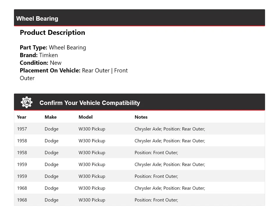 For 1957-1959, 1968 Dodge W300 Pickup Wheel Bearing Timken - Image 2 of 4