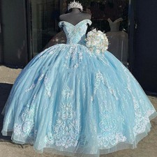 Blue Quinceanera Dresses Ball Gown Off Shoulder Applique Sweet 16 Prom Dress