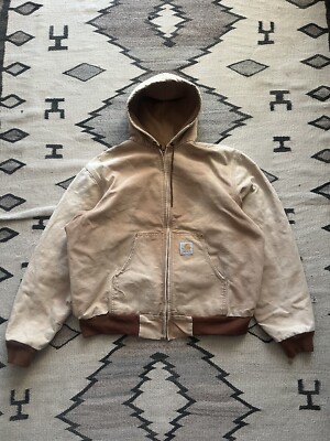 Vtg Carhartt J03 BRN Hooded Canvas Jacket Distressed Large Brown Tan Faded USA