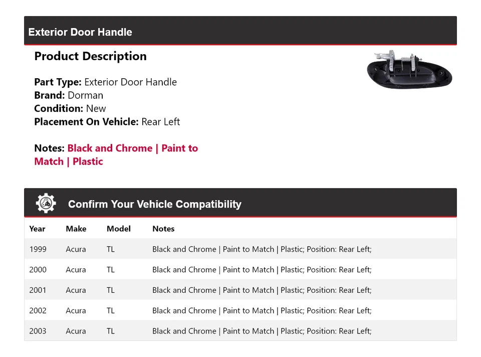 Manija de puerta exterior trasera izquierda para Acura TL Dorman 1999-2003 2000 2001 2002 Foto 2 de 4
