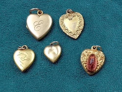 Lot of 5 Antique Heart Shaped Charms, 1 is a Locket - .25" to .5" each