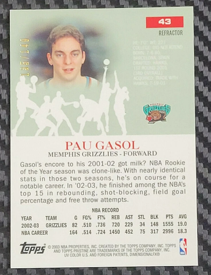2003-04 TOPPS PRISTINE PAU GASOL - REFRATOR #D 135/149 - CARTÃO 43 - Imagem 2 de 2