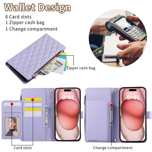 Leather Zipper Women Card Flip Wallet Phone Case Cover For iPhone 16 Pro Max 15 - Picture 18 of 77