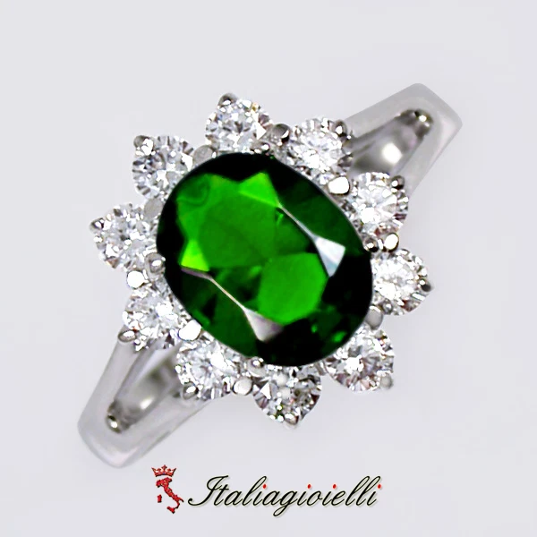 Sfarzoso Anello Brillante con Smeraldo in Argento 925 Rodiato Oro Bianco - Immagine 4 di 4