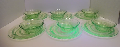 Green Uranium Glass Set of 6 Vintage Berry Bowls & Saucers - Depression