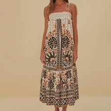 Farm Rio Flower Fan Tapestry Off-White Midi Dress S