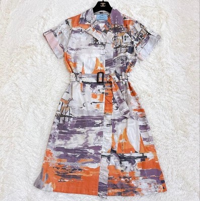 PRADA Shirt Dress Landscape Yacht Print Orange Cotton 108cm Length