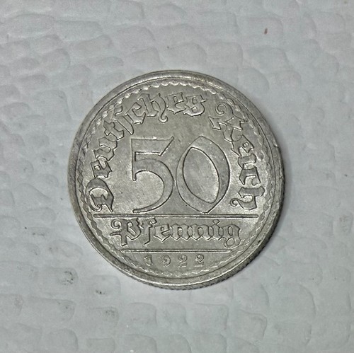 1922-G Germany 50 Pfennig Aluminum Coin, AU Condition