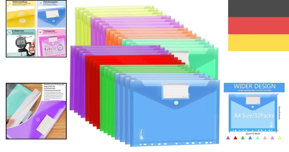 32 Piezas Bolsillos para Documentos A4 8 Colores Polipropileno 11 Borde de Agujeros gancho y bucle