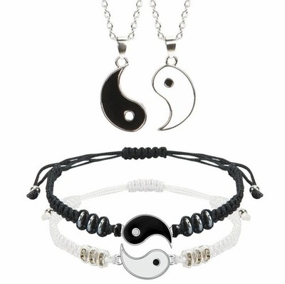 Set 4PCS Pulseras y Collares Yin Yang Pareja   2 de Cada Uno