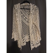 Rebellion Again Cream Crochet Knit Open Front Cardigan, Boho Beach Cover Up