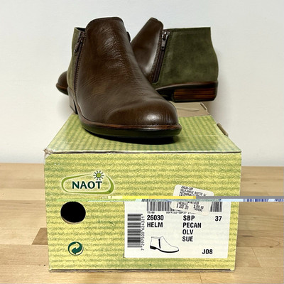 NAOT Brown Leather Ankle Booties Sz37 Olive Suede Helm Removable Footbed Ortho