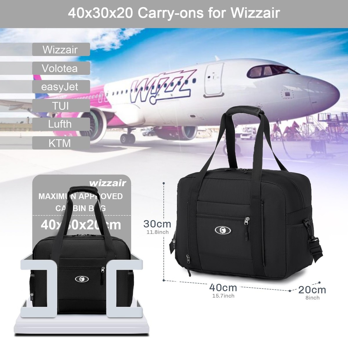 BAGZY Bagaglio a Mano 40x30x20 Wizzair Impermeabile Borsa Cabina