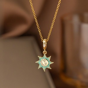 Authentic Women Gold Plated Sun Moon CZ Chain Pendant Necklace PE44