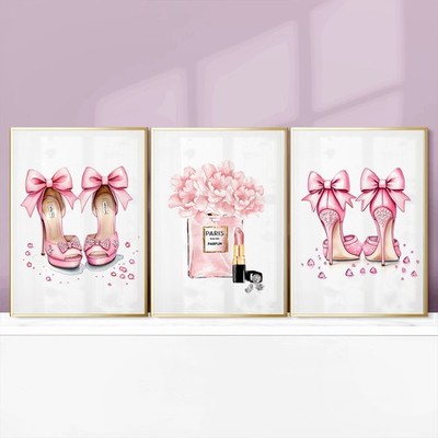 Mode Wandkunst Schönheit Parfüm Absätze Rosa Mädchen Schlafzimmer Make-up Drucke 3er Set