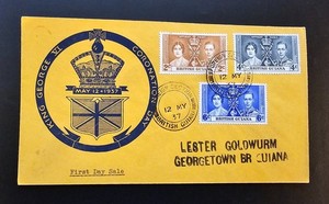 BRITISH GUIANA COVER 1937 KGVI Coronation Set FDC PM FOREIGN SECTION Nice Cachet