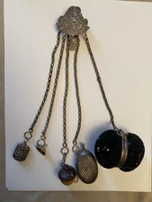 VICTORIAN Sterling Silver Chatelaine & 5 Accessories Hallmarks CG Thistle