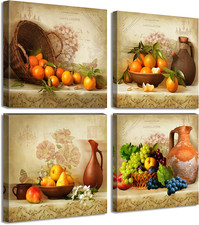Vintage Fruit Canvas Art Set for Rustic Kitchen Wall Decor - 4 Pcs