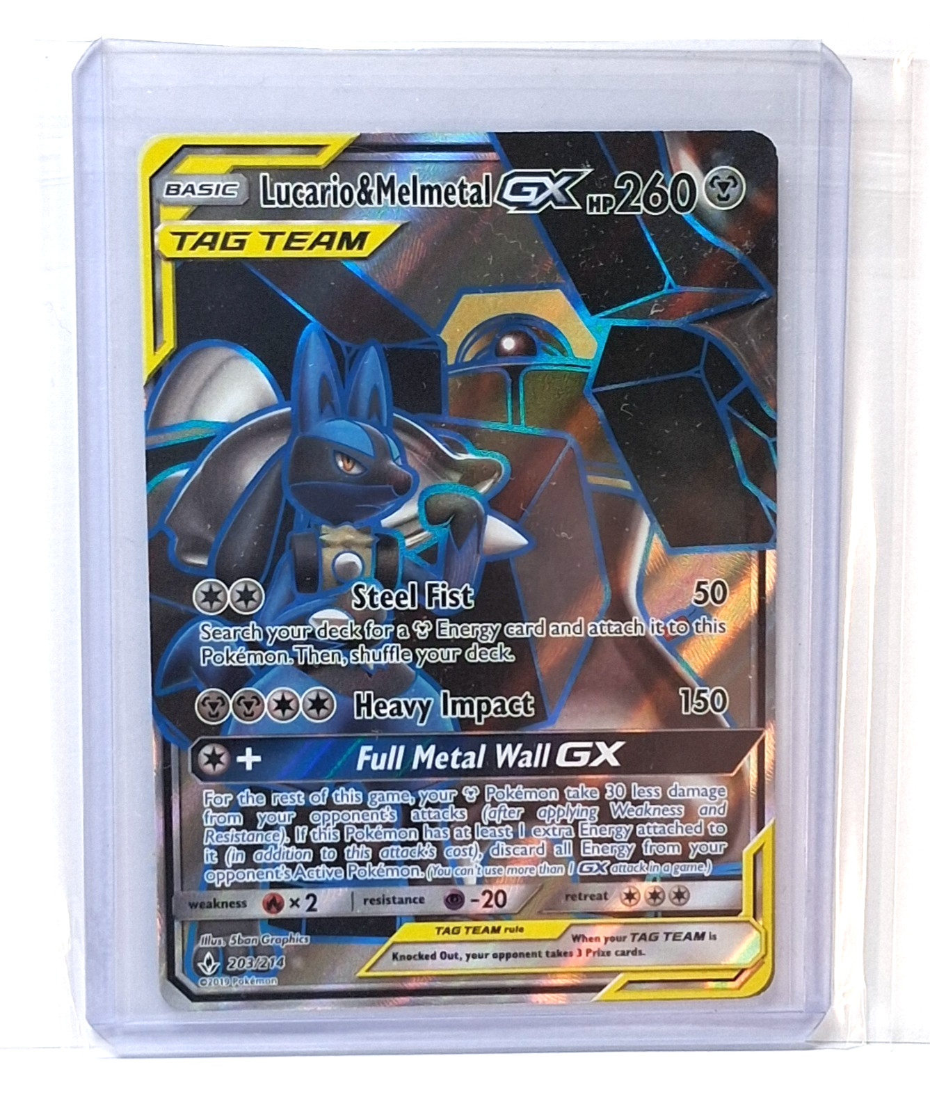 Lucario & Melmetal GX 203/214 Ultra Rare Full Art Unbroken Bonds Pokemon 2019