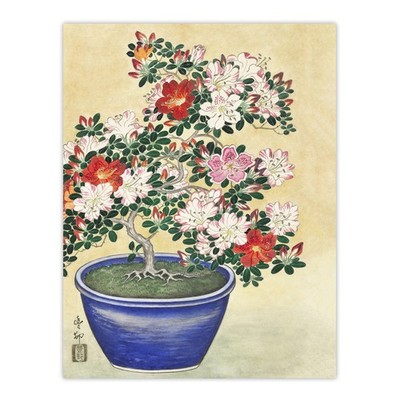 Blühende Azalee im blauen Topf Vintage Japan gerahmter Wandkunstdruck Koson