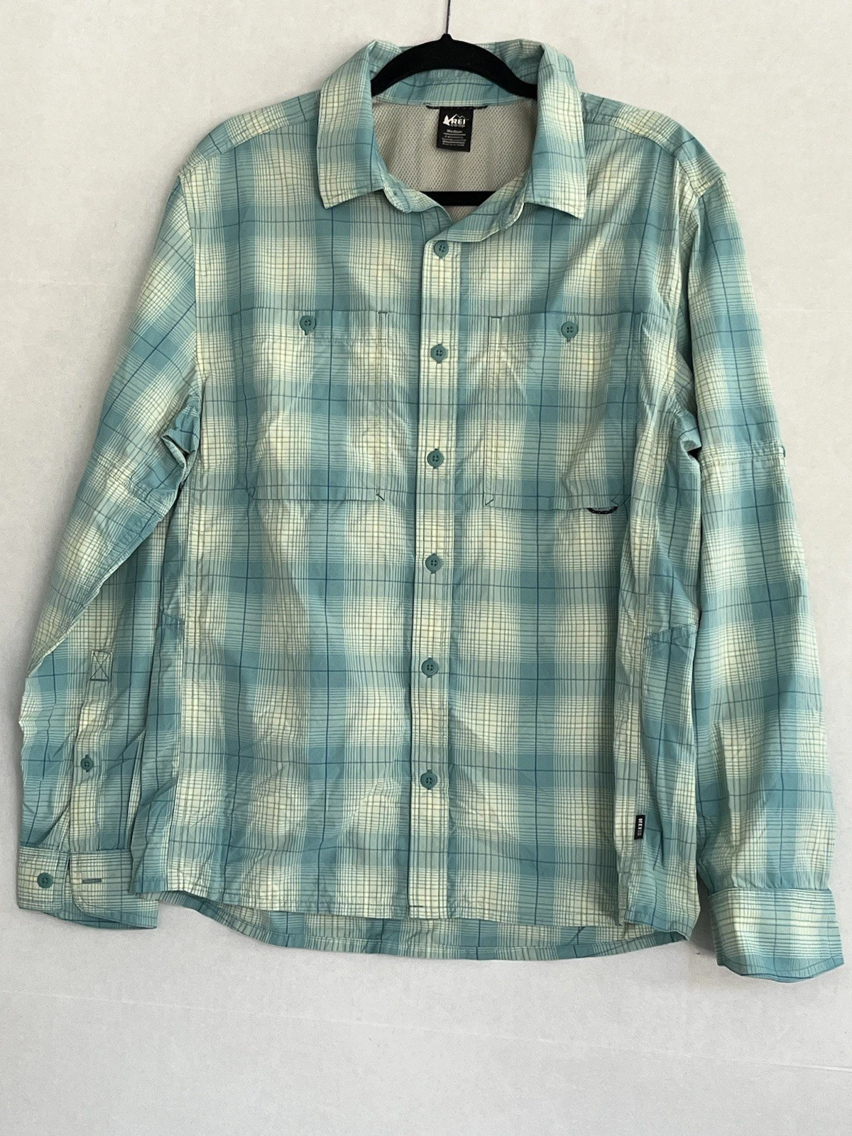 REI Co-op Shirt Mens Medium Green Blue Plaid Outdoor Hiking Long Sleeve Nylon
