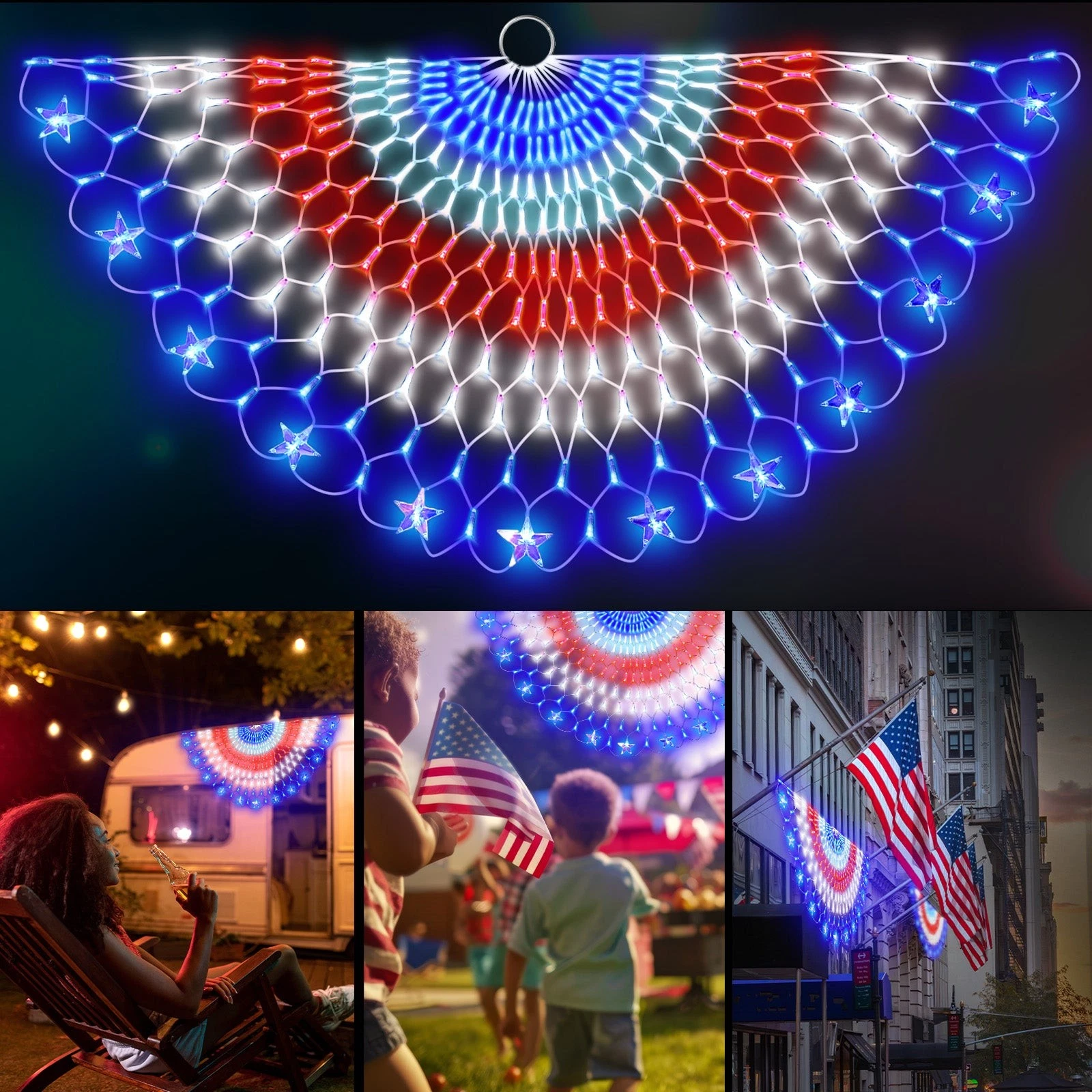OPT7 American Flag LED Half Fan Net String Light Kit 4x2 FT Outdoor Patriotic