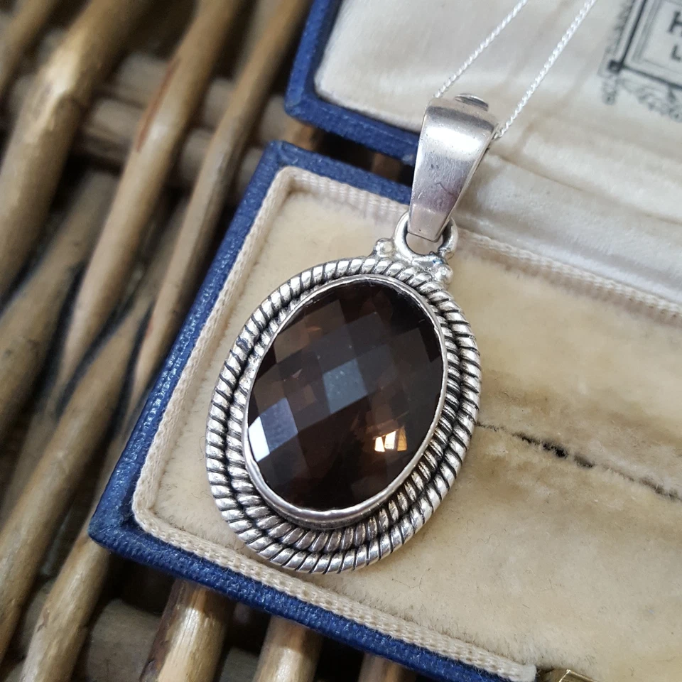 Collar vintage de plata de ley 925, colgante de cuarzo ahumado grande natural Foto 2 de 4