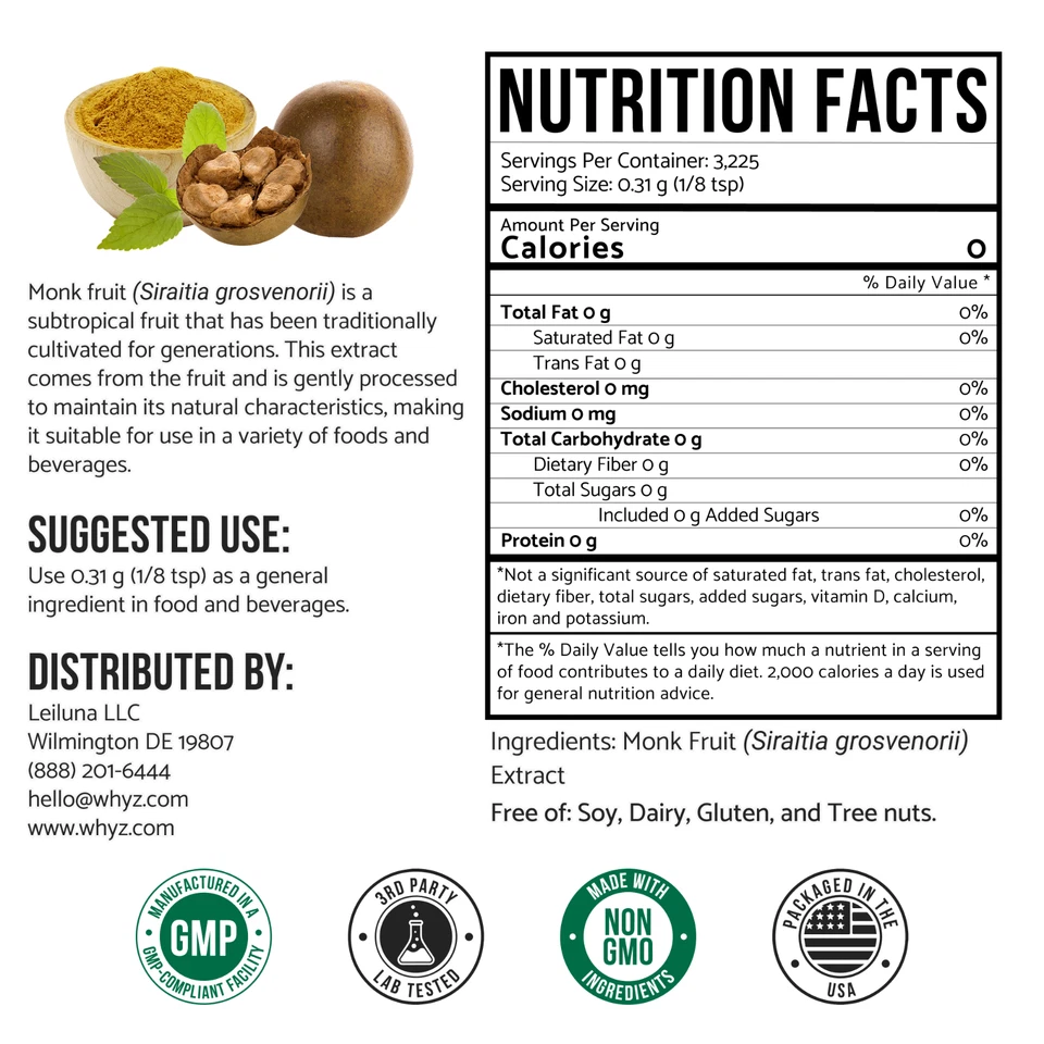 Whyz Bulk Monk Fruit Sweetener 5 lbs, No Erythritol, Mogroside V 5%, USA Stock - Image 3 of 4