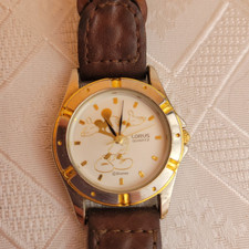 VTG Disney Lorus Mickey Mouse Watch Gold/Silver Brown Leather Band Y121-X092