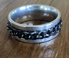 Silver Tone Band Ring Size 10 w/ Black Chain ...