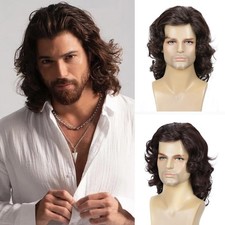 Long Hair Wig for Men Men's Brown Wig Natural Wavy Curly 70s 80s Rocker Cospl...