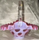 Fenton Cranberry Opalescent Glass Coin Dot Basket 7 1/4" Tall