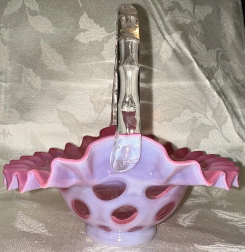 Fenton Cranberry Opalescent Glass Coin Dot Basket 7 1/4" Tall